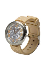Reloj cyzone plateado con correa color durazno de textura similar a tachas cuadradas, interior de caja con glitter plateado.