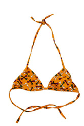 Bikini niña conjunto, anaranjado con diseño de huesos en colores blanco, verde y morado, busto triangular