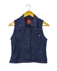 Chaleco You jean azul, rayas, cuello camisero.