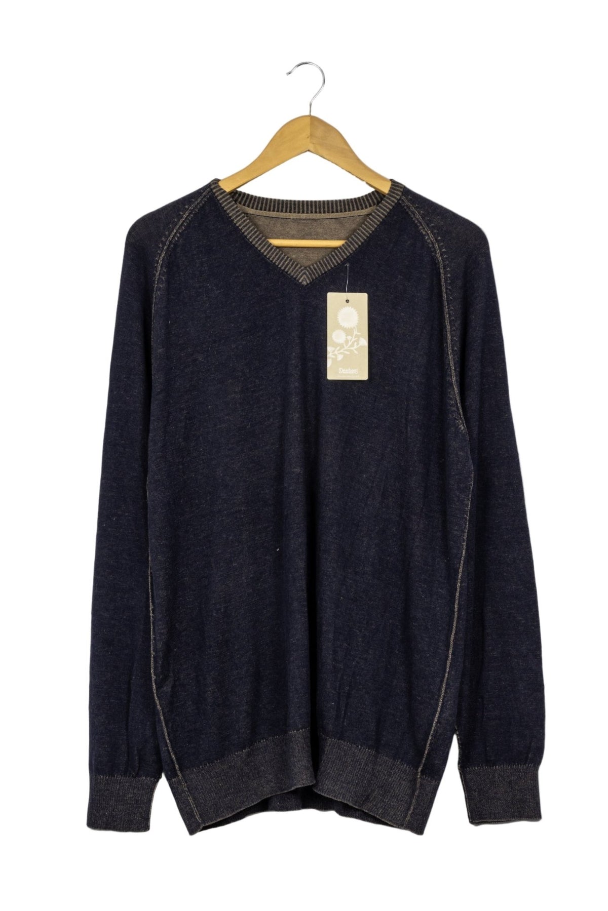 Chompita azul oscuro con jaspeado beige, cuello en V