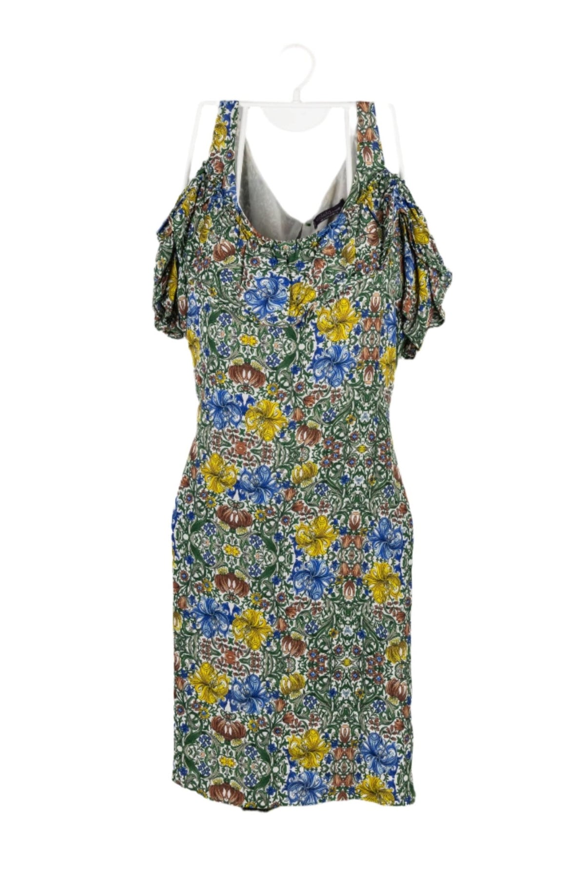 Vestido Violeta Mango estampado paisley tonos azules verdes naranjas y amarillo,lleva forro,busto:108cm, largo:99cm