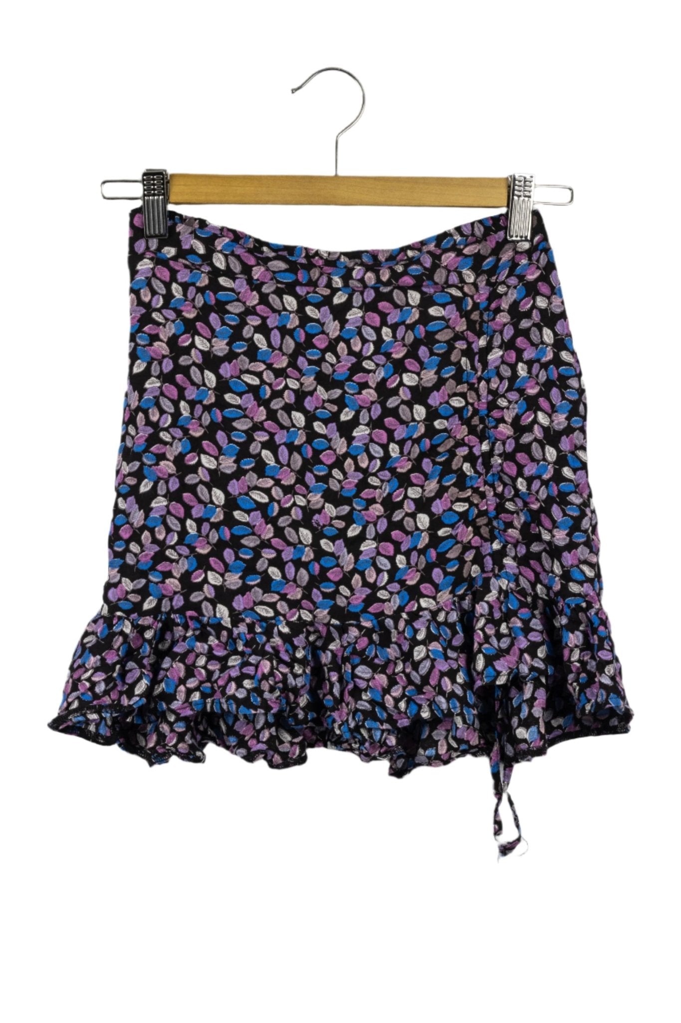Miniflda Malé negra tela fresca hojas estampaas en tonos lilas y azules