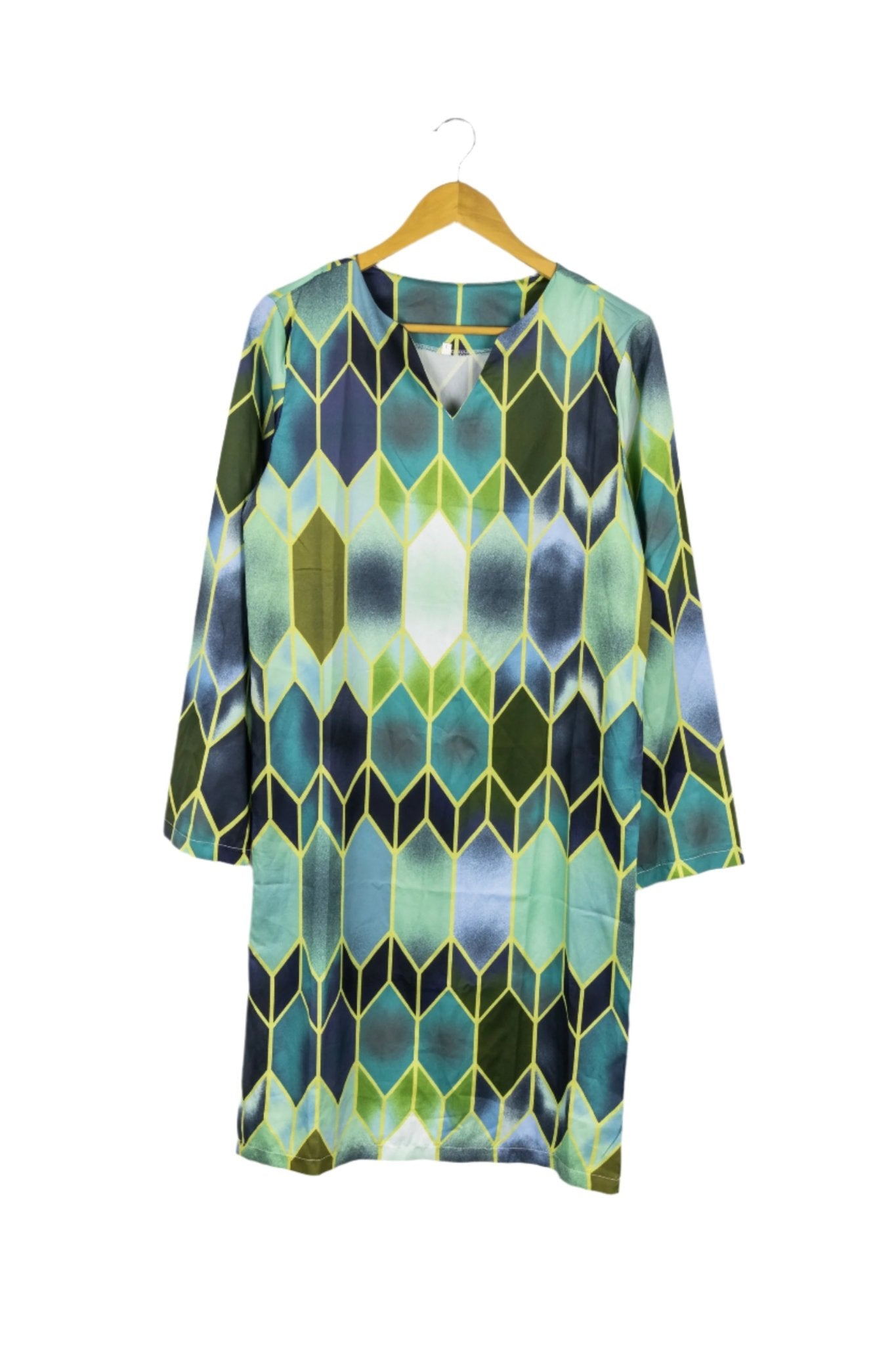 Vestido tipo túnica, rombos verdes, amarillos y azules