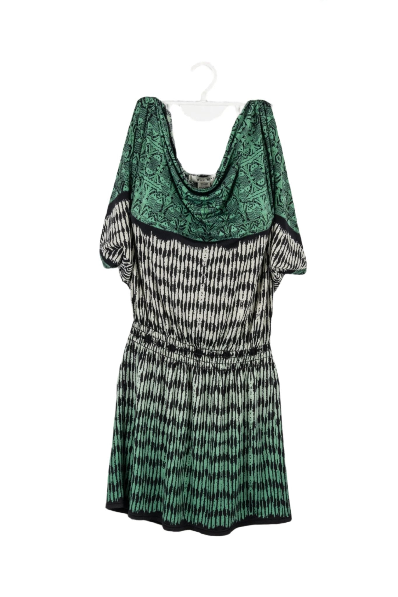 Vestido MAX STUDIO verde, blanco y negro, cuello drapeado.