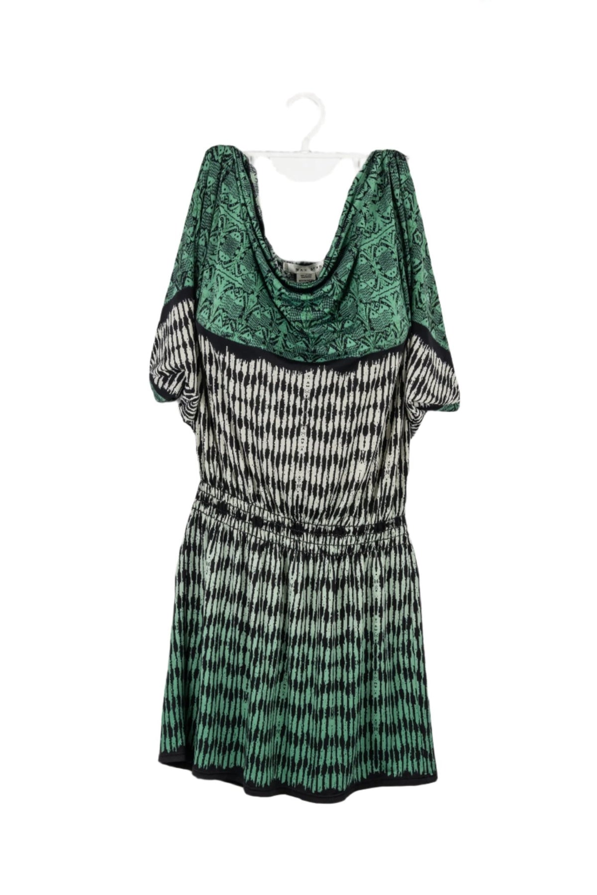 Vestido MAX STUDIO verde, blanco y negro, cuello drapeado.