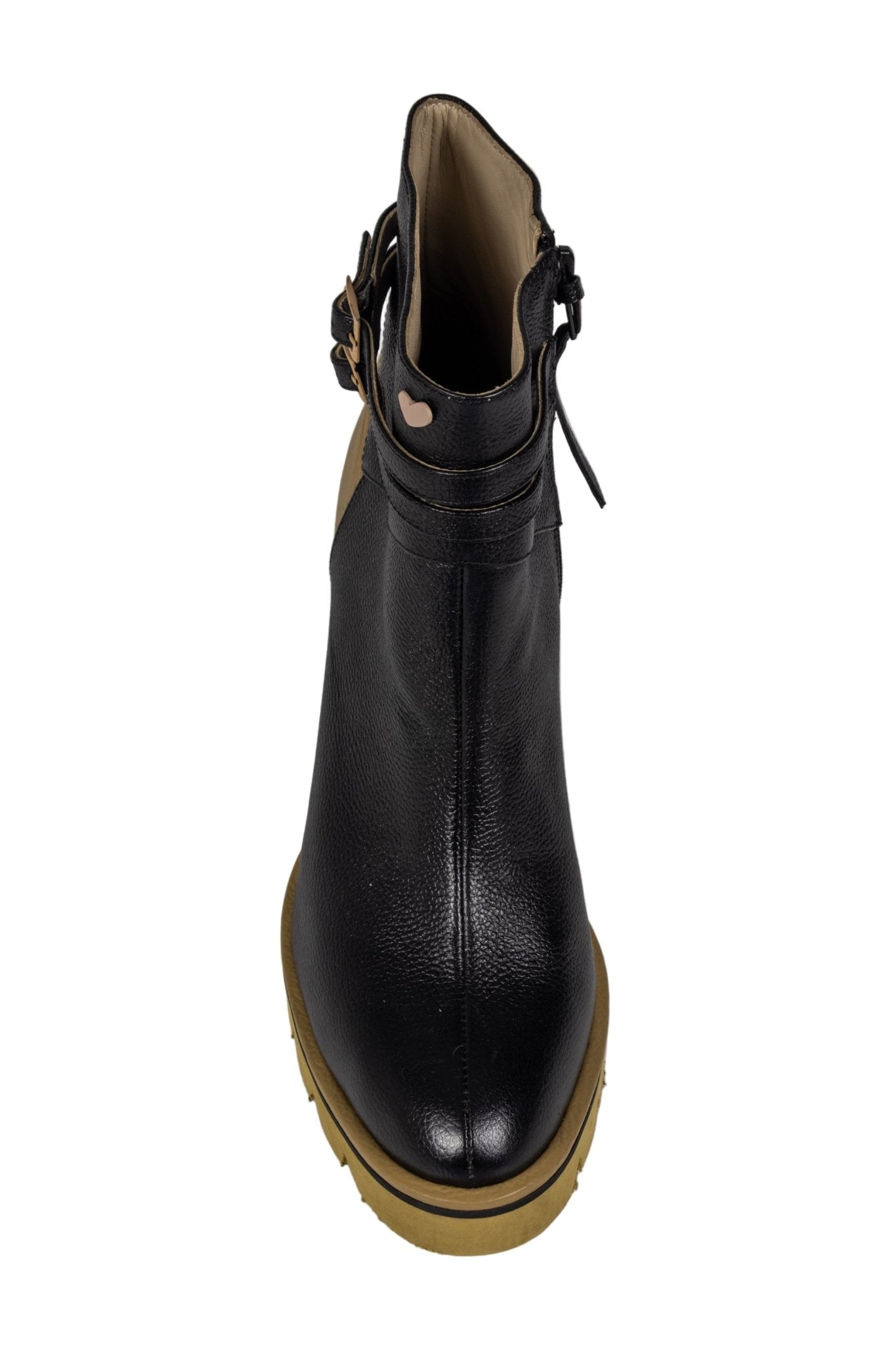 Botines Lalalove taco grueso 9cm y plataforma, negro con beige