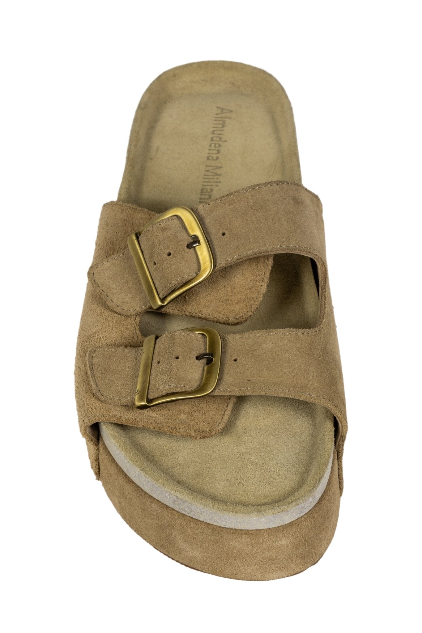 Sandalias Almudena Miliani plataforma de gamuza beige con dos tiras