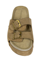 Sandalias Almudena Miliani plataforma de gamuza beige con dos tiras